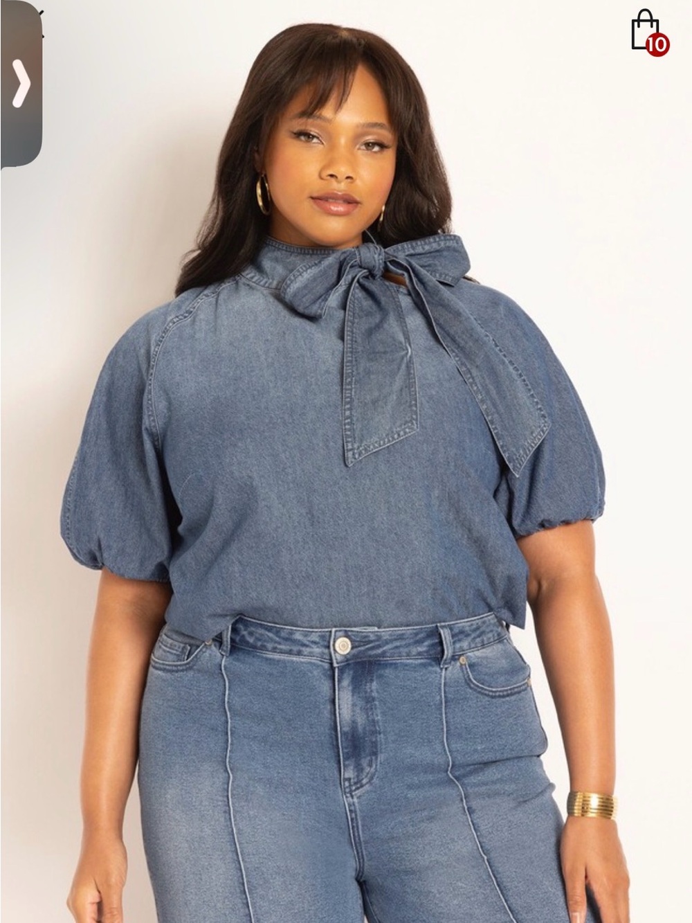 Eloquii Denim Tie-Neck Puff Sleeve Top in Blue